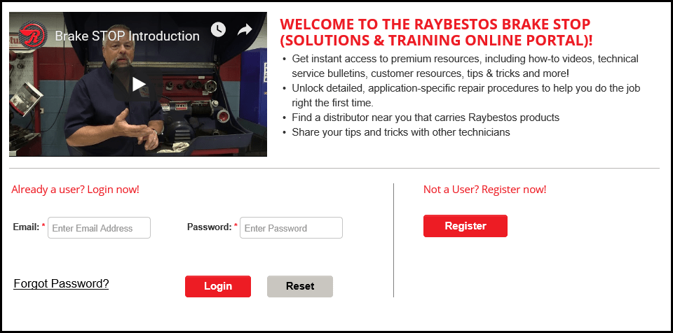 Repair technician: Brake Solutions & Training Online Portal (STOP The password-protected site offers the visiting repair technician instant access to premium resources, including how-to videos, technical service bulletins, tips and tricks, customer resources and more. 